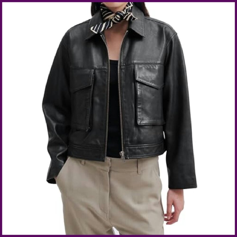 Faux Leather Motorcycle Jacket Bomber Style Cropped Zip Up - Picture 2 of 8